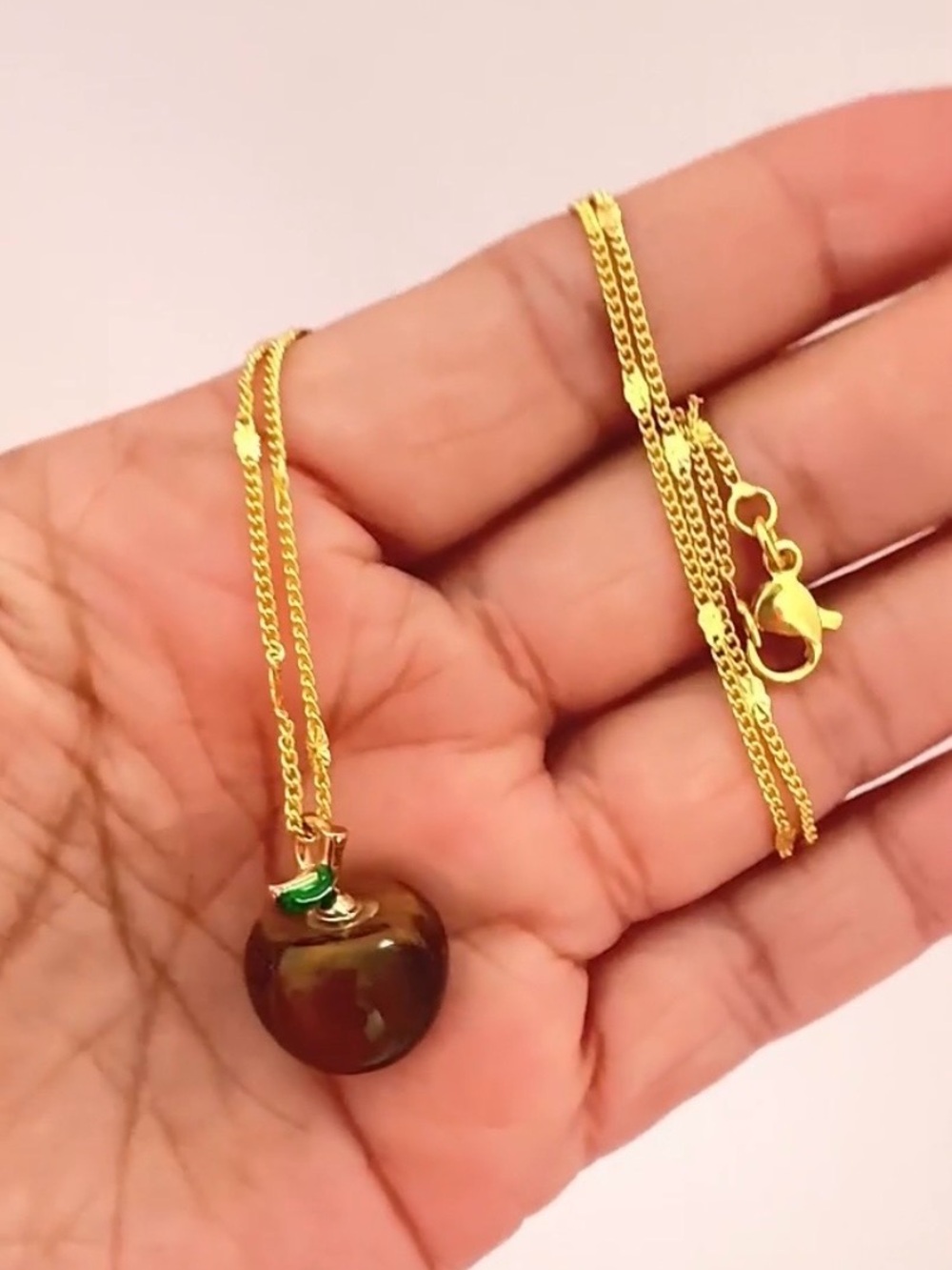 18K Gold Plated protection Tiger eye natural stone apple necklace. New
